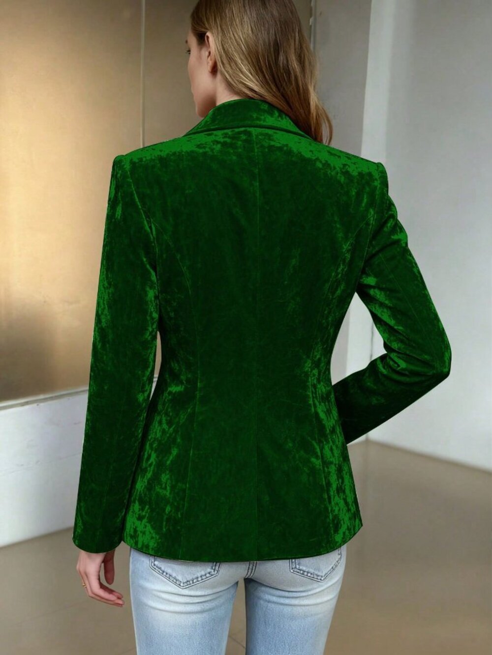 Green Elegant Women's Single-Breasted velvet Blazer Jacket - Picture 2 of 3